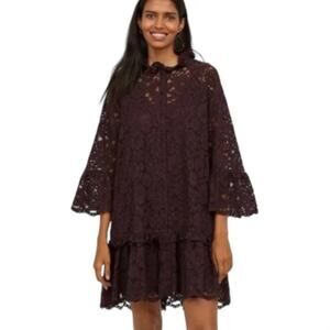 H&M Women's Purple Burgundy Lace Overlay Ruffle Flounce Mini Dress Size Large